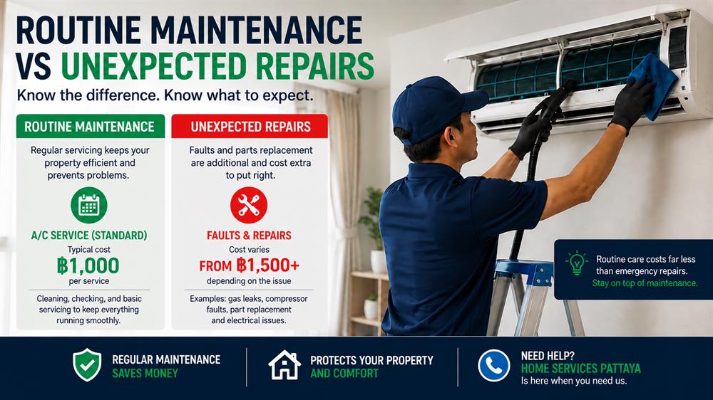 Air-conditioning maintenance in a Pattaya property, illustrating the difference between routine A/C servicing and unexpected faults requiring additional repairs.